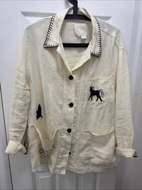 Zara Cream Button-Front Linen-Blend Jacket with Black Embroidery